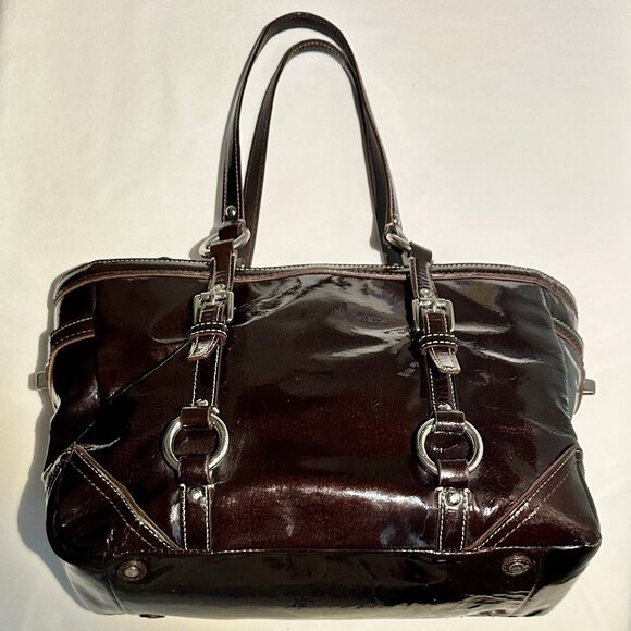 COACH East West Gallery Tote Patent Leather Brown Silver 10380 Clip Closure Tag - Picture 6 of 16